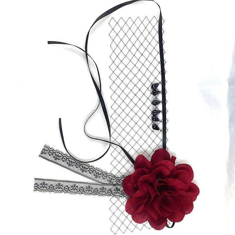 Halloween Black Lace Covered Veil Red Rose Death Headpieces Sexy Ball Half Face Mesh Headband |