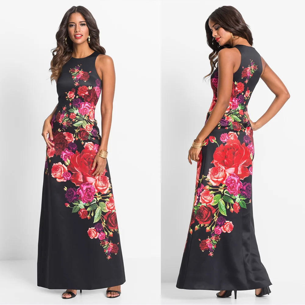 2019 женское платье без рукавов с принтом Летнее Длинное коротким рукавом