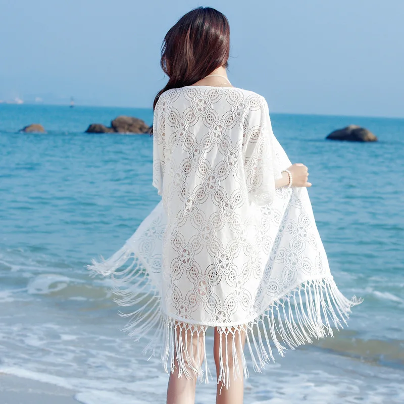 Женское шифоновое кимоно Boho белое длинное пляжное с принтом и кисточками