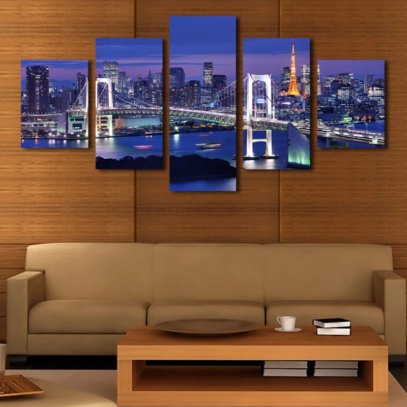 КУАДРОС (без рамки) с изображением ночного города и мост 5 панелей/комплект