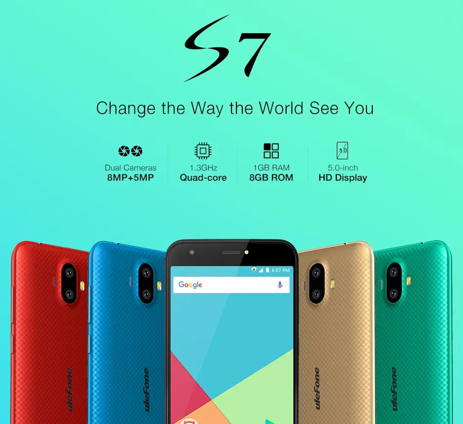 Ulefone S7 двойная задняя камера мобильный телефон MTK6580A четырехъядерный Android 7,0 5,0 дюймов HD 1 ГБ 8 ГБ 8 Мп+ 5 Мп 2500 мАч 3g WCDMA мобильный телефон