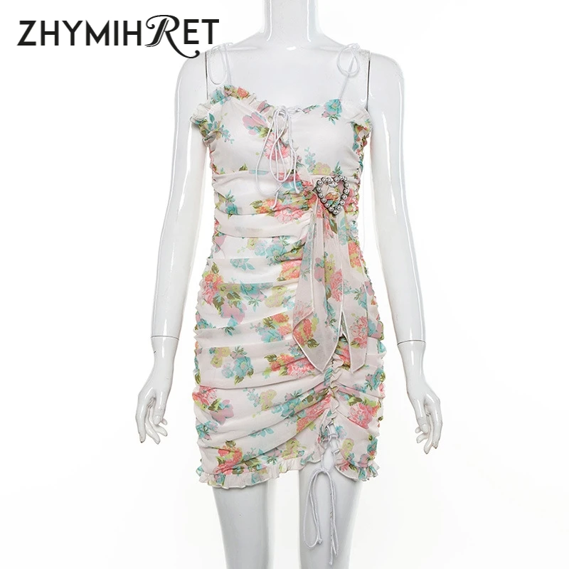 ZHYMIHRE/летнее Новое шифоновое платье на шнуровке с цветочным принтом жемчужным