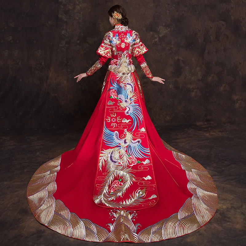 Элегантное платье в пол Cheongsam Красная Вышивка Феникс китайская невеста свадебное платье Vestidos традиционное цветочное Ципао
