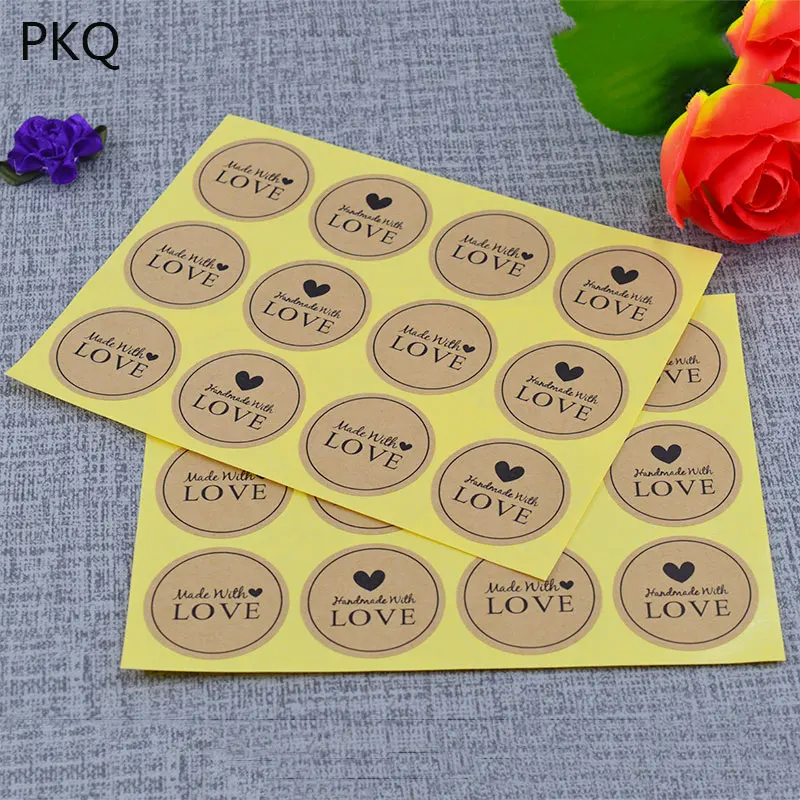 600pcs Handmade With Love Stickers Scrapbooking Hand Made Handmade Label Wedding Stickers Adhesive Sticker Kraft Round Labels