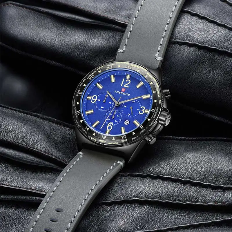 New Blue Casual Leather Fashion Quartz Gray Watch Mens Watches Top Brand Luxury Waterproof Clock Relogio Masculino