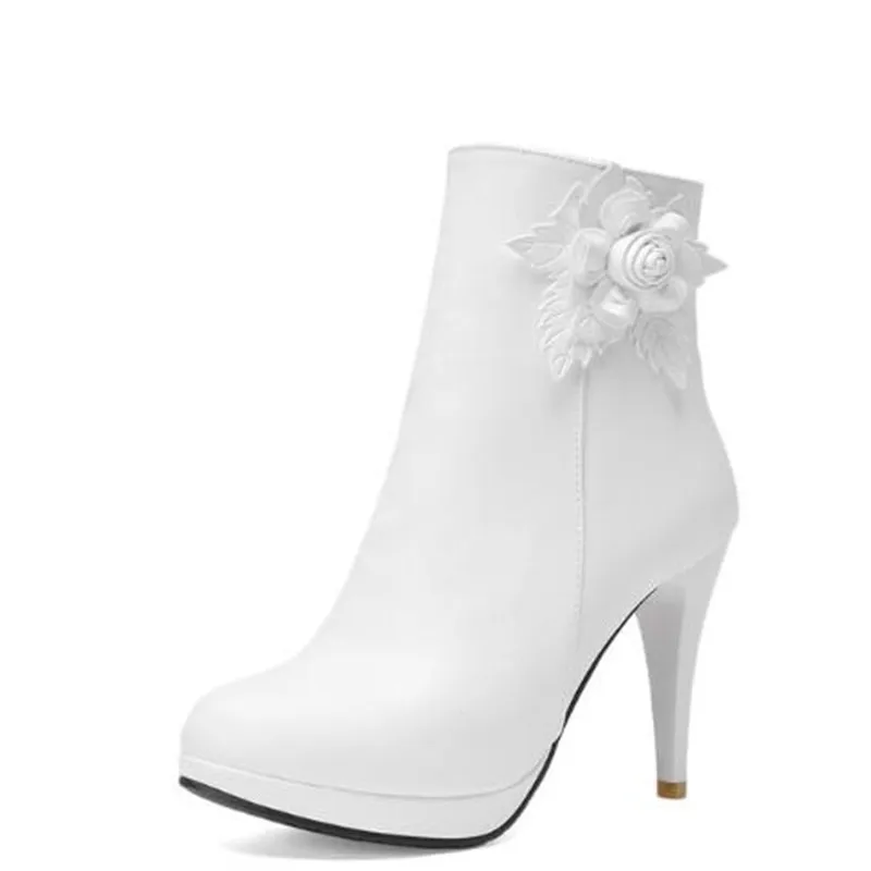 Women Boots Autumn and winter New style fashion Sweet  Flower High-heeled Short boots white Pink Apricot color Wathet size 34-43