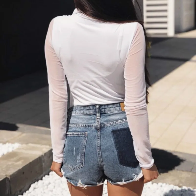 

2018 Female Sexy Pvc Mesh Bodysuits Oversized Combinaison Romper Long Sleeve Perspective Slim Party Bodycon Jumpsuits