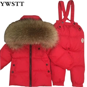 Chocolate Snowsuit Baby Boy 90% duck Down Outdoor Infant Overcoat Raccoon Fur Down Jacket+overalls 2pcs/set red matte for kids