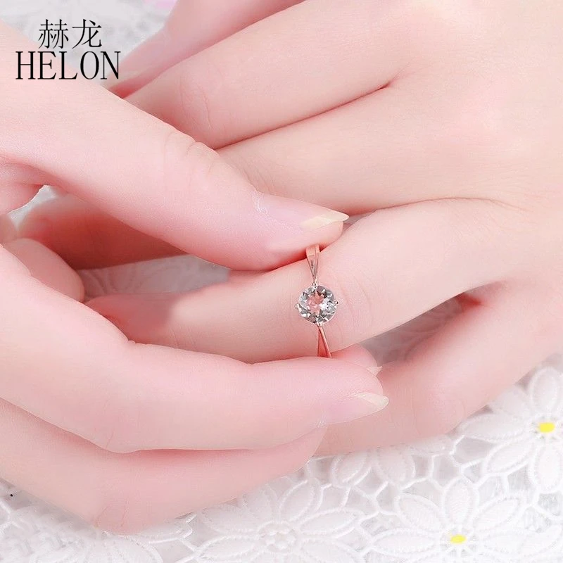 HELON Solid 14 к розовое золото Сертифицированный Круглый 6 мм натуральный морганит обручальное кольцо женское элегантное свадебное Драгоценное кольцо