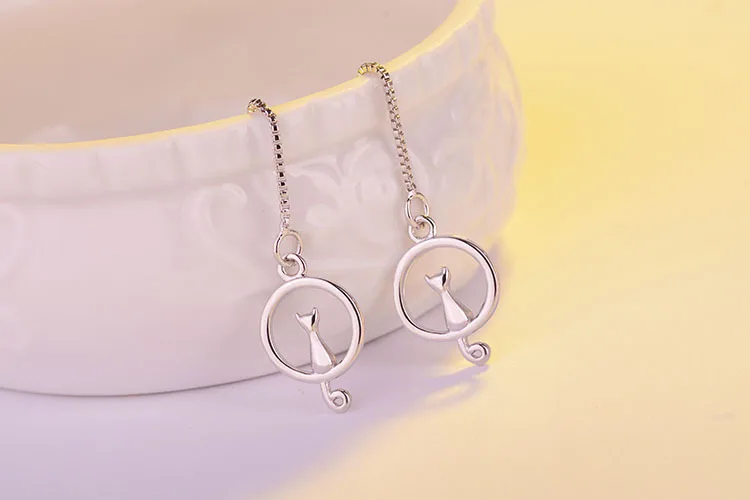 Классические серьги из серебра 925 пробы с лунным котом длинные висячие