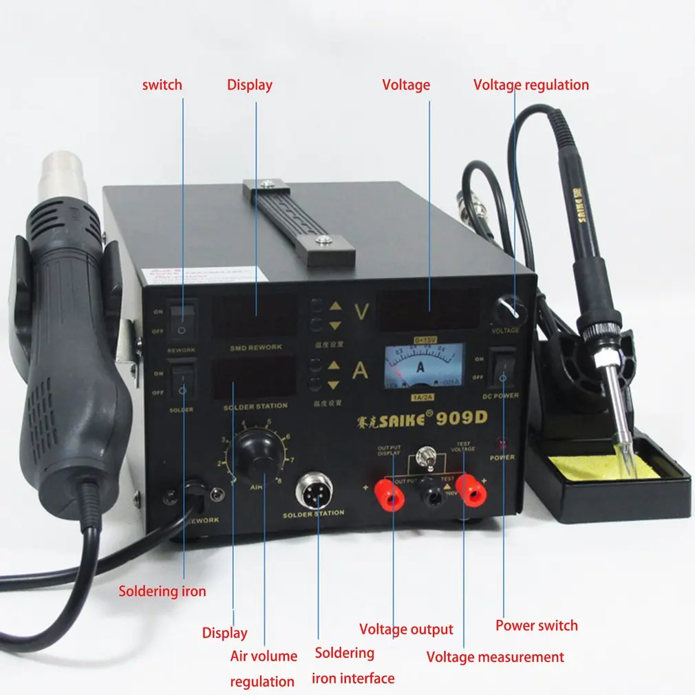 909D + паяльник пистолет горячего воздуха источник питания 220В/110В SAIKE