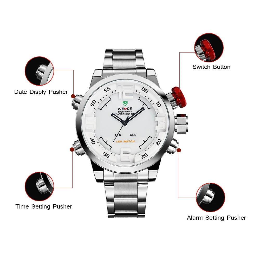 Фото WEIDE мужские спортивные часы из нержавеющей стали белые кварцевые аналоговые WEIDE мужские спортивные часы из нержавеющей стали белые кварцевые аналоговые