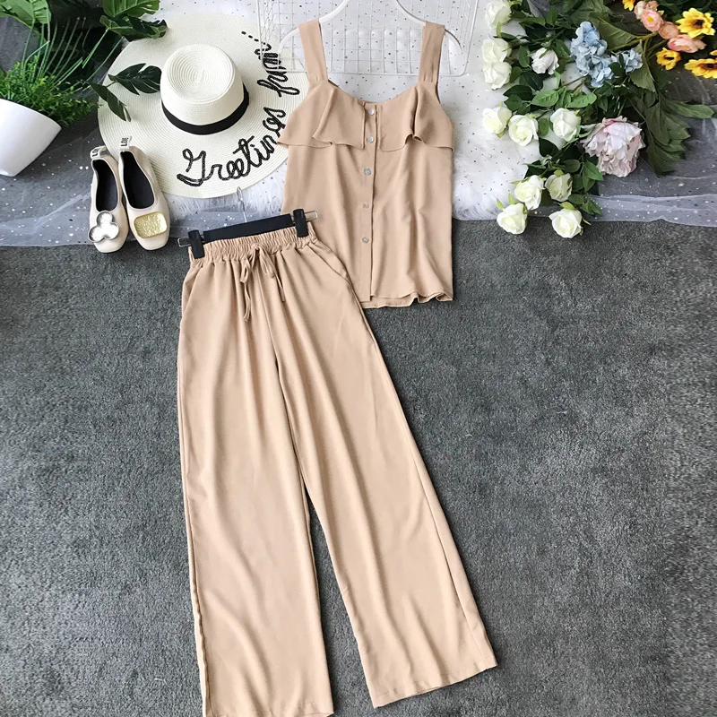 Бежевый ALPHALMODA/ летний однобортный Топ с оборками+ широкие брюки, Женский повседневный комплект из 2 предметов, женские летние однотонные штаны, костюмы - Цвет: Бежевый
