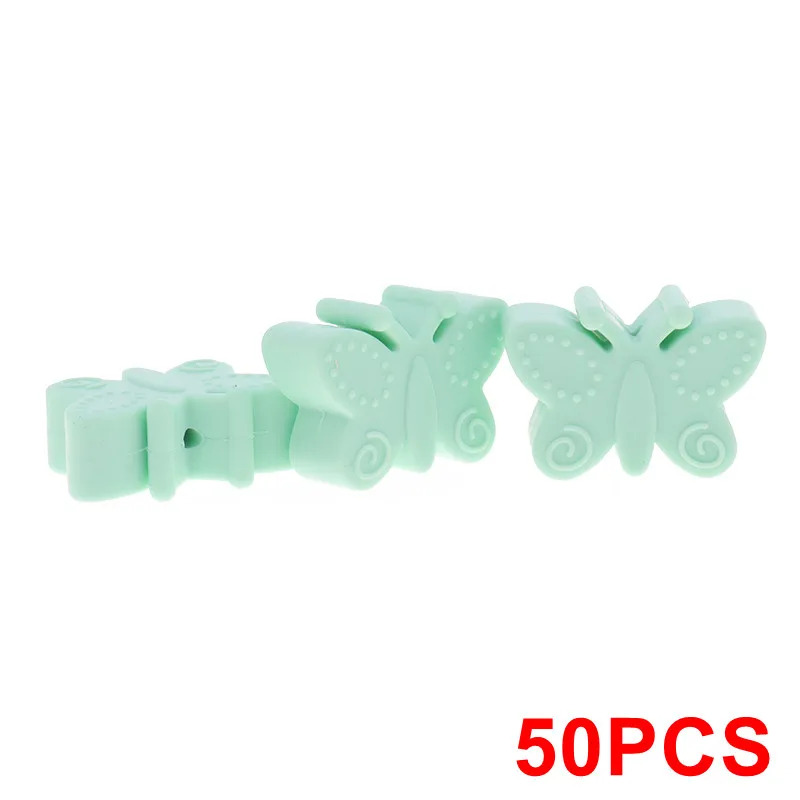 Butterfly Mint Green 50 шт., силиконовый Прорезыватель для зубов в форме единорога, бусины в виде животных, BPA бесплатно, для прорезывания зубов, ожерелье, держатель для сенсорной соски, игрушка для душа, грызуны пищевого класса - Цвет: Butterfly Mint Green