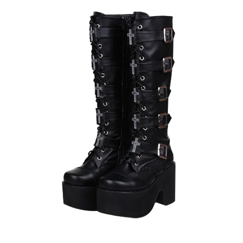 

Fashion Plus Size 34-44 Women Punk Style White/Black Cosplay Boots Square Toe Wedges Platform Boots Leather Long Boots