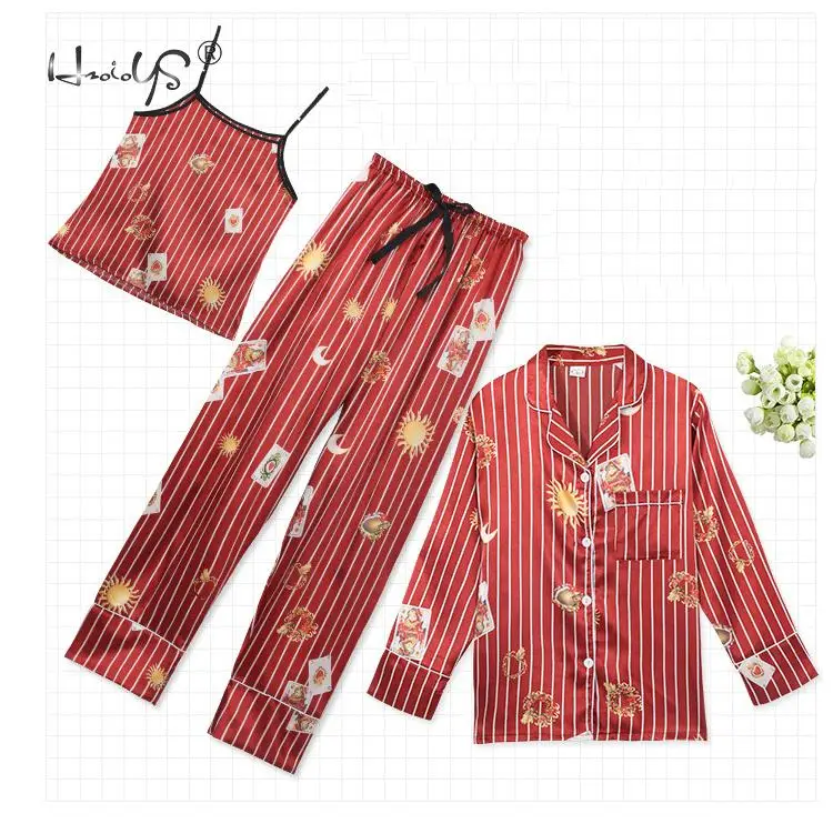 Stripe Printing Women's 7 Pieces Pajamas Sets Emulation Silk Satin Pajamas Women Sleepwear Sets Spring Summer Autumn Homewear
