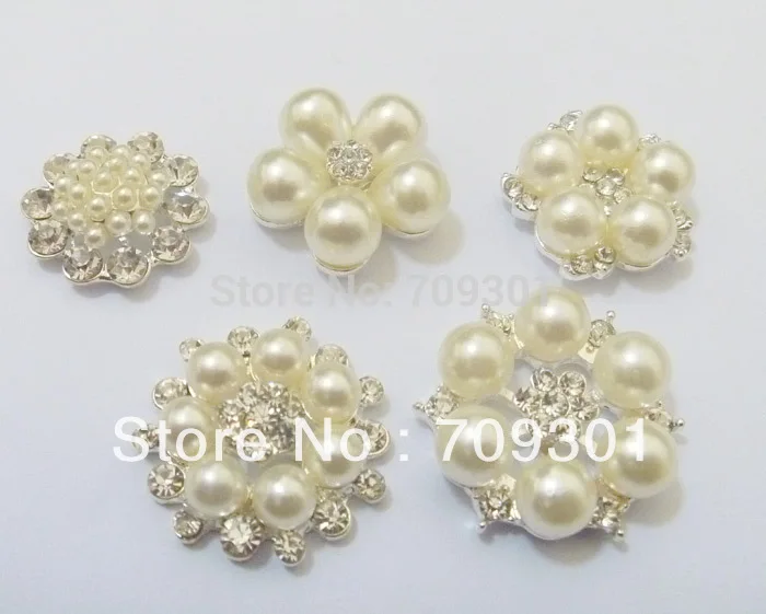 

Free Shipping!50pcs/lot 5styles metal rhinestone button with pearl for Hair Flower Wedding Invitation Scrapbooking