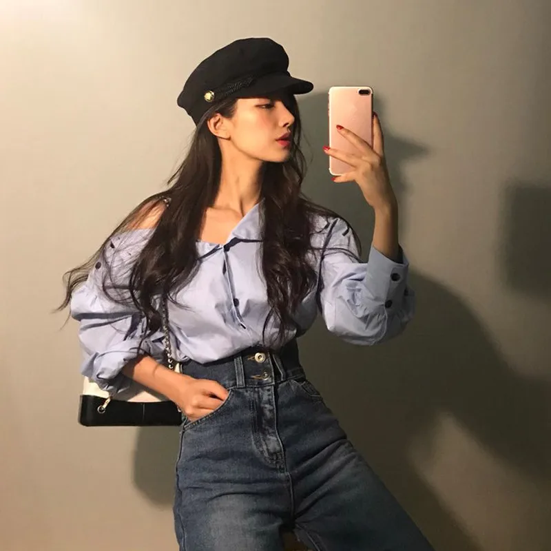WHITNEY WANG 2019 Весенняя мода уличная одежда сексуальные пуговицы раздельные плечи