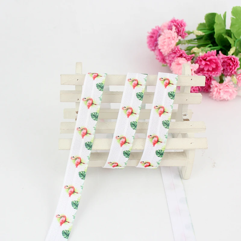 

White flamingo 16mm fold over printed elastic foe ribbon 10 yards 5/8" DIY stretch handmade hair band ribbons