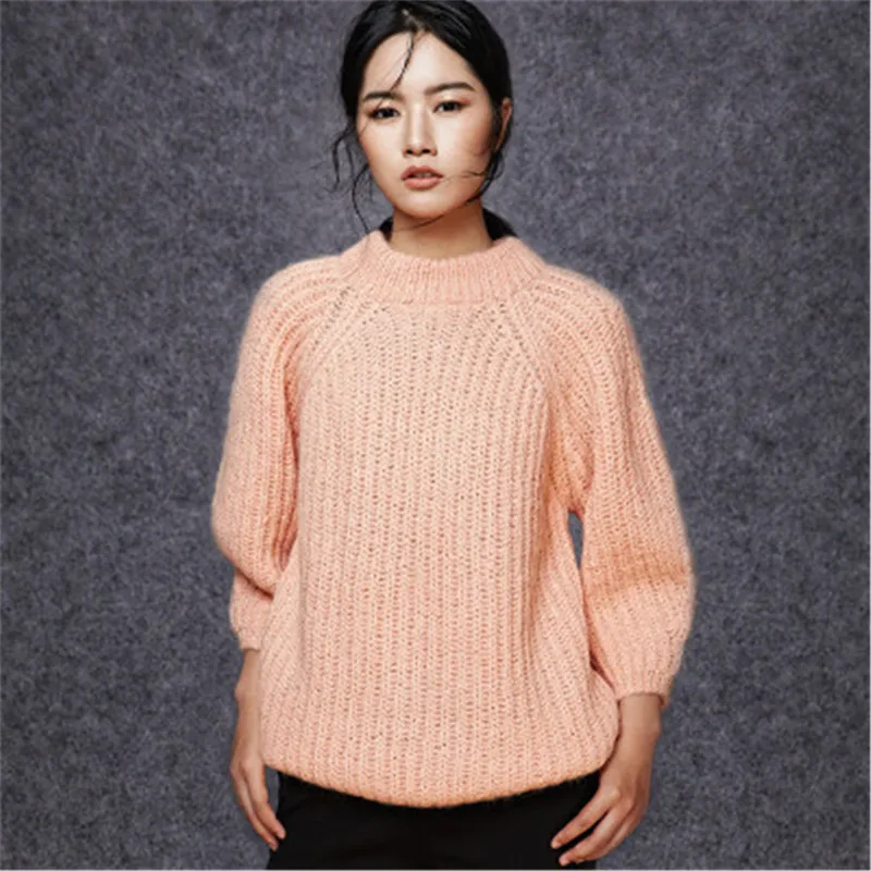 

100% hand made wool knit women fashion Oneck solid loose lantern 3quarter sleeve pullover sweater one&over size