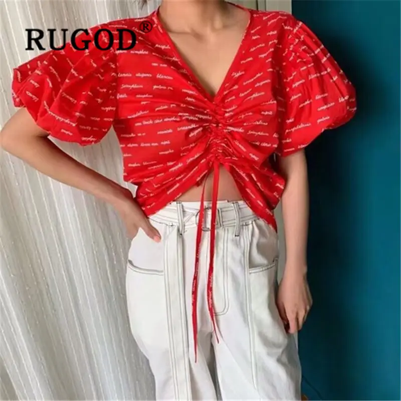 RUGOD Новая мода с пышными рукавами женские топы и блузки высокой талии письмо