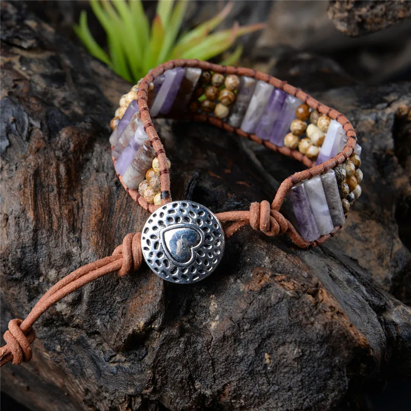 2018 Новый Boho браслет винтажный кожаный полудрагоценный камень манжета украшенный