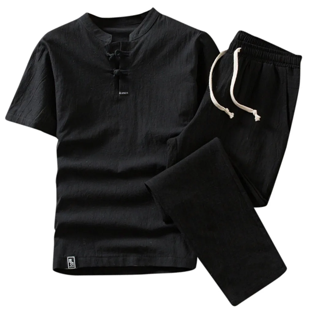 casual mens clothing set 2019 Summer chinese style Cotton Linen comfortable Short Sleeve men shirt pants trousers d90613 | Мужская
