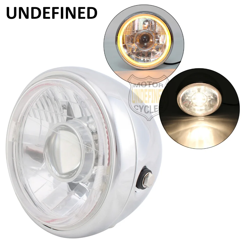 

Chrome 7 1/2" H4 Motorcycle Headlight Projector Amber Halo Ring Hi/Lo Beam Head Light Lamp For Harley Road Glide Cruiser Chopper
