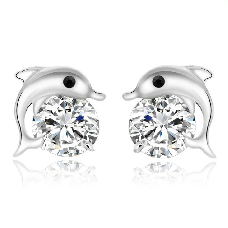 

100% 925 sterling silver fashion dolphin animal shiny crystal ladies stud earrings jewelry women Anti allergy drop shipping