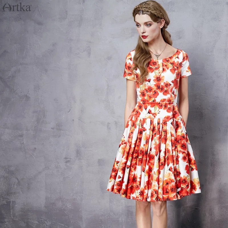ARTKA Summer Women Floral Print Dresses O-Neck Short Sleeve Dress A-line Pleated LA10067C Женская одежда