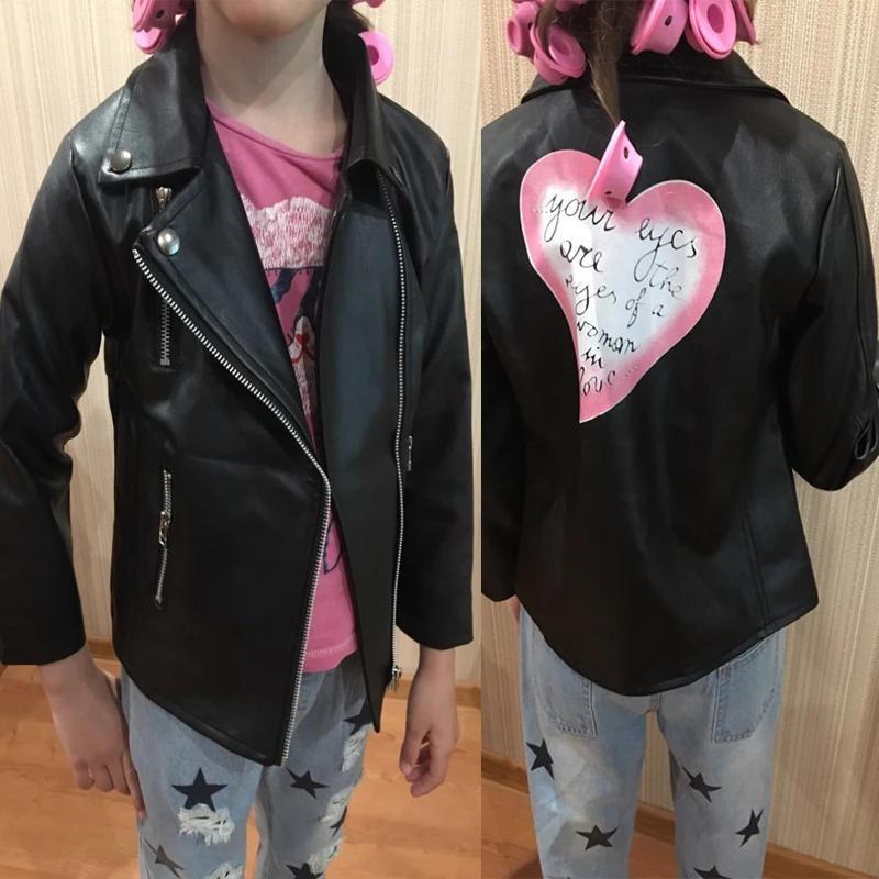 Girls motorcycle leather coat children PU jacket 2-7 year old Printed love letter all match tops for kids fashion hot | Детская одежда
