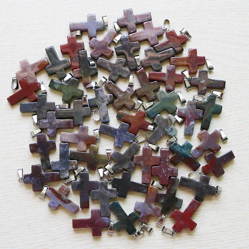 Indian agate Натуральная Подвеска Крест, каменная многоцветная кристальная подвеска, Ювелирная подвеска для женщин 18*25 мм,, 50 шт./лот, высокое качество - Окраска металла: Indian agate