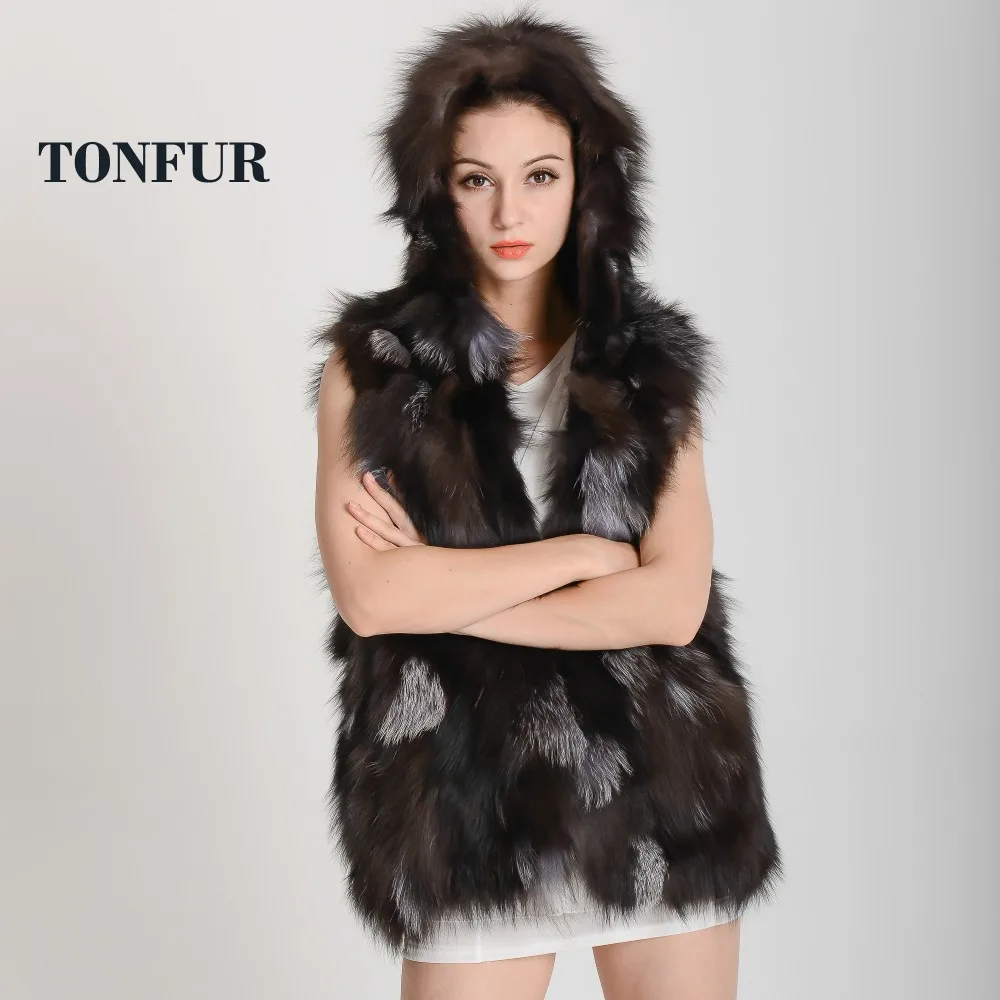Новое поступление 2019 женский жилет из натурального Лисьего меха с капюшоном