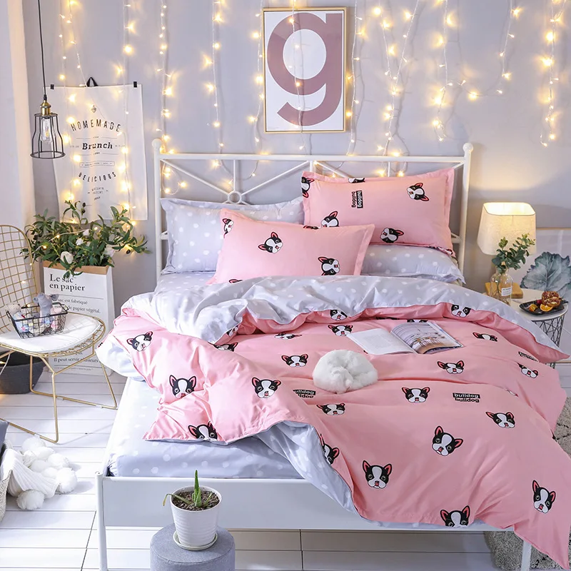

Pink Tiger/Pig/Cat Cartoon Printing Bedding Set Flower Bed Linen 4pcs/set Duvet Cover Set Pastoral Bed Sheet AB Side Duvet Cover