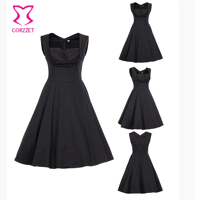 Женское винтажное платье ретро без рукавов черное Хлопковое с V-образным вырезом