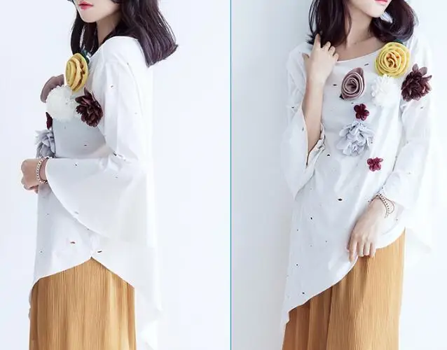 Футболка женская с объемными цветами косой воротник|tee top|top womenmori girl tops |