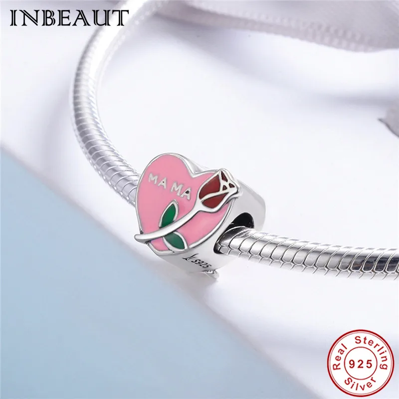 INBEAUT 100% Серебро 925 пробы розовое эмалированное сердце любовь мама роза подвески