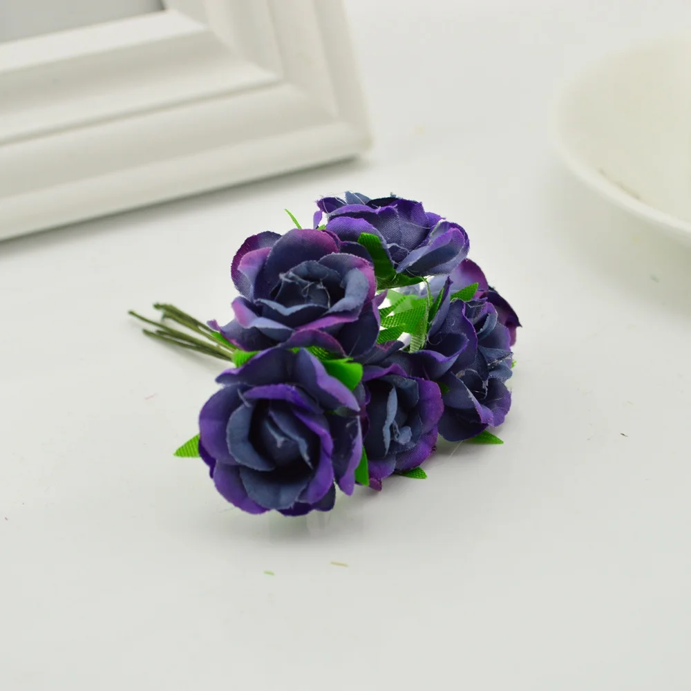 6 шт. шелковые искусственные цветы розы diy головной убор свадебные туфли паркет кружева невесты Искусственные цветы стены украшение дома - Цвет: Dark purple