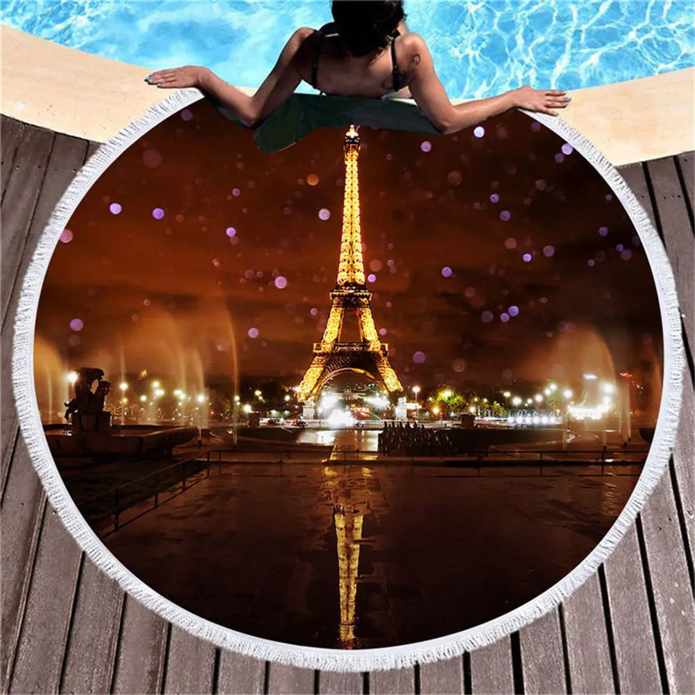 Building Series Printed Round Beach Towel Tower Night View Beautiful Home Decor Tapestry Swimming Microfiber |