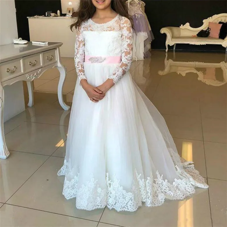 New Long Flower Girl Dress For Wedding White Lace Pink Belt Full Sleeves Princess A-Line First Communion Dress