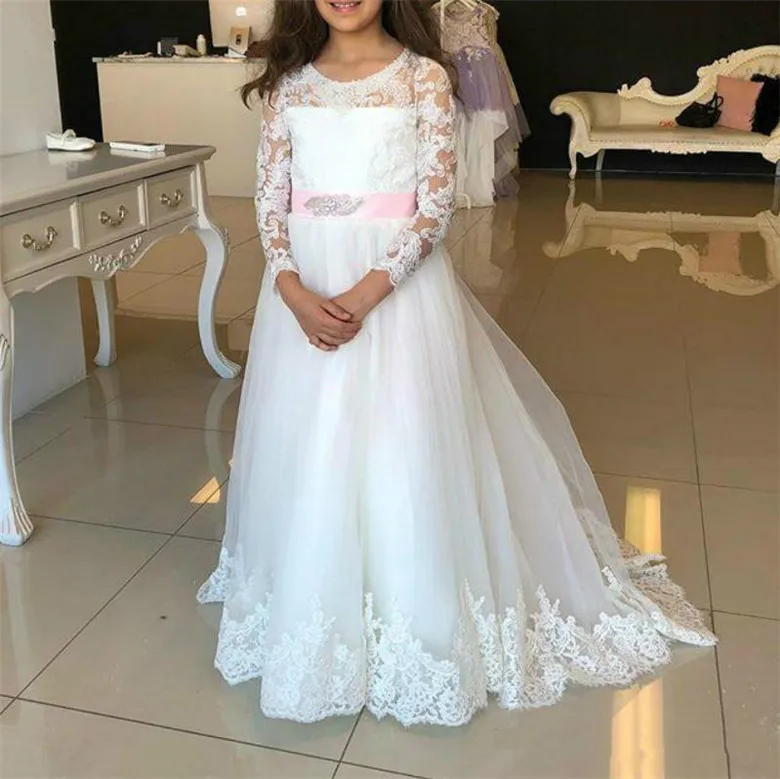 New Long Flower Girl Dress For Wedding White Lace Pink Belt Full Sleeves Princess A-Line First Communion | Детская одежда и обувь
