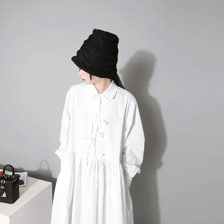 [Aiweier] осеннее женское платье рубашка однотонное с длинным рукавом черный бантик