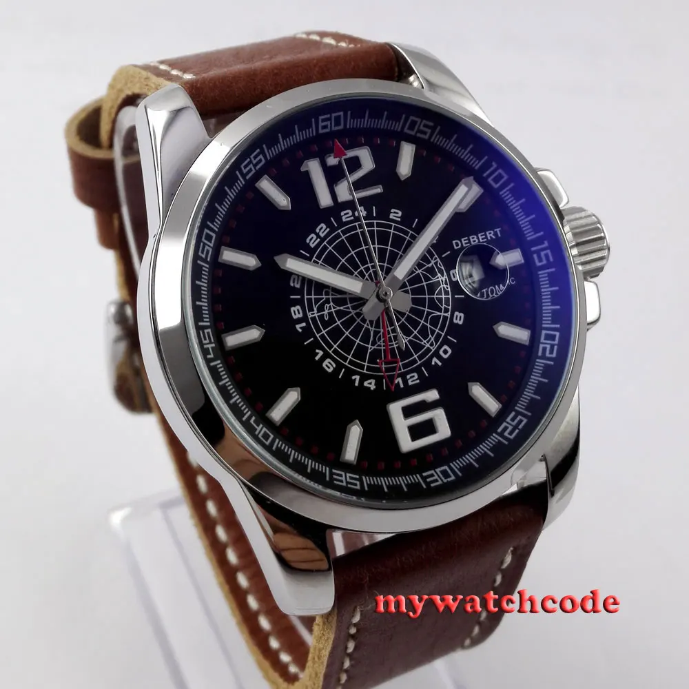 44 мм деберт черное окно с датой набора GMT автоматический кожаный ремешок мужские