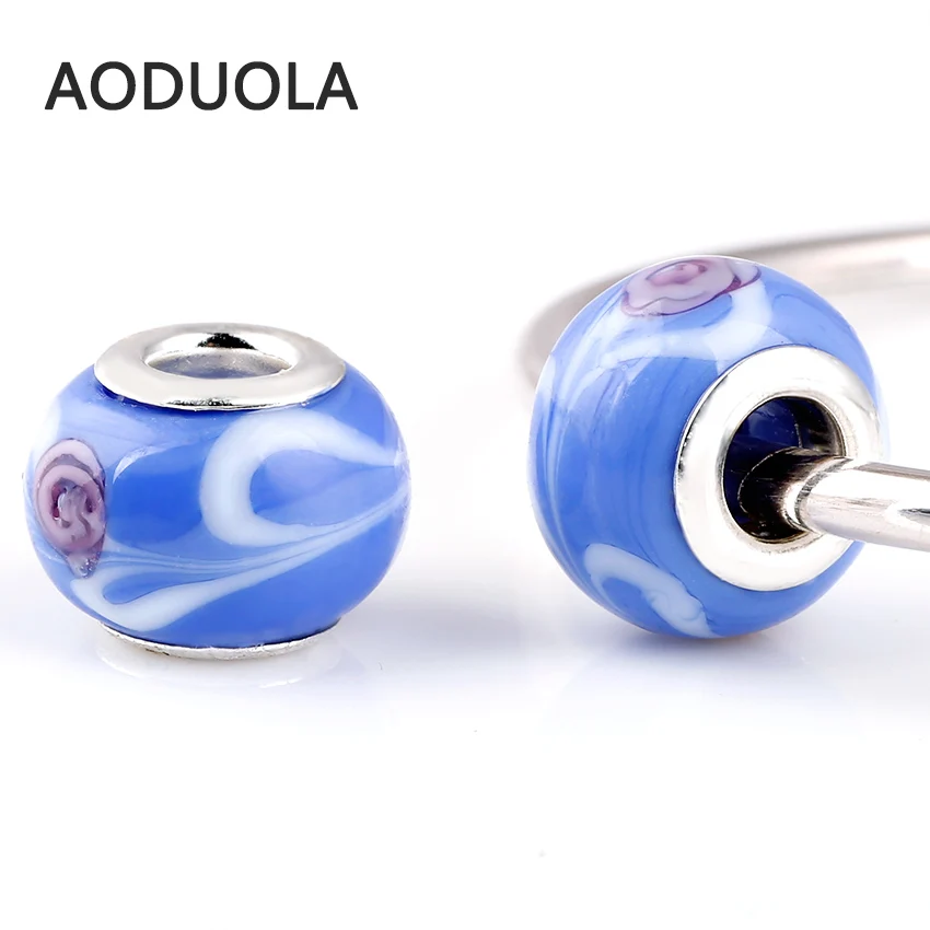 10 шт. в комплекте стеклянные бусины небесно-голубого цвета с розовым цветком