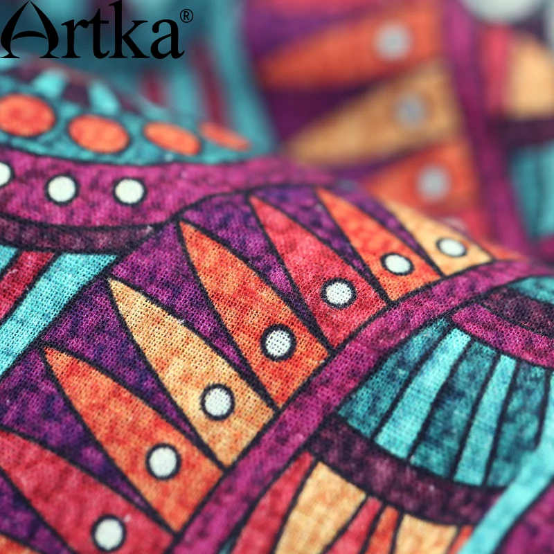 Artka женская весна новый Ethinic печатных пят квадратный воротник рукавов империи