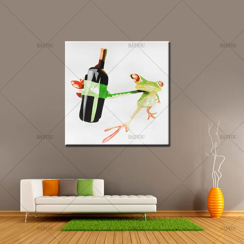 Newest Good Quality Handmade Modern Animal Oil Painting On Canvas Funny Frog With Wine Picture For Home Decor | Дом и сад