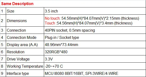 3,5 дюймов 3,5 дюймов ips ЖК-панель дисплей экран 40 pin 320480 разрешение Солнечный свет читаемый ILI9488 320(RGB)* 480