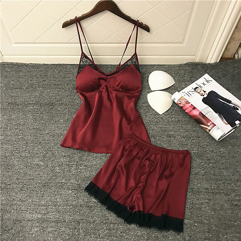 Daeyard Silk Pajamas For Women Satin Cami And Shorts 2Pcs Pajama Set Sexy Lace Pyjamas Sleepwear Summer Pijamas Home Clothes | Женская