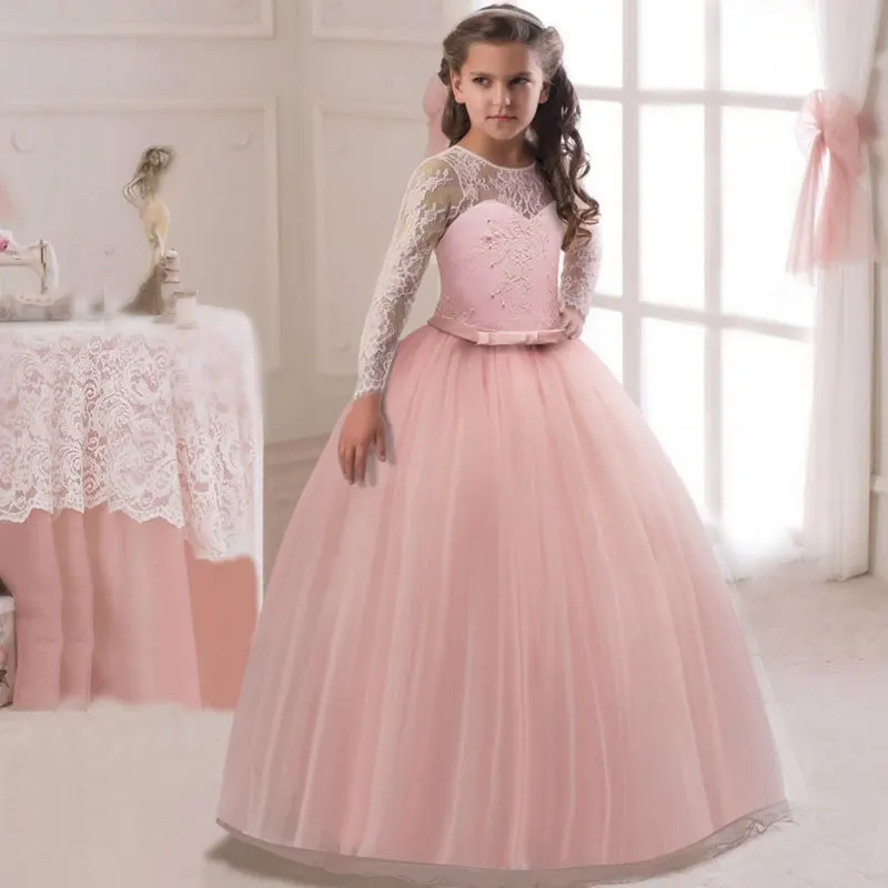 Lace Girl Long Dress Children's clothingLong Sleeve Flower Baby Girls Party Wedding Bridal Gown Kids Dresses | Детская одежда и