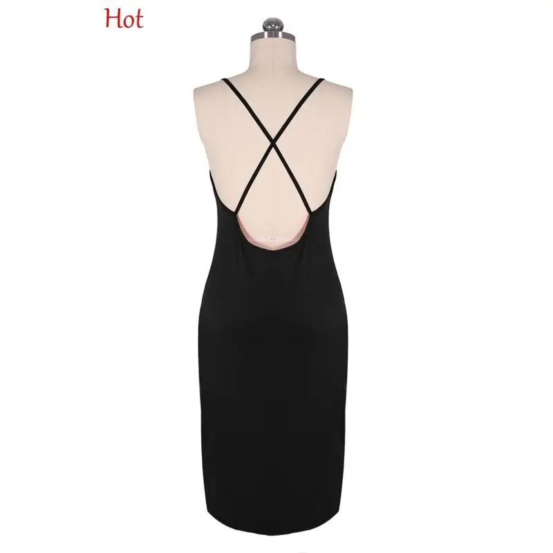 Fitted Sexy Black Spaghetti Strap Midi Dress V Neck Cross Backless Bodycon Bandage Women Slim Pencil Dresses Club SV021649 | Женская